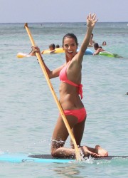 Alessandra Ambrosio Paddleboarding on the Beach