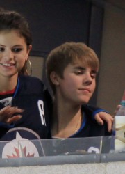Selena Gomez and Justin Bieber at Winnipeg Jets Hockey Game