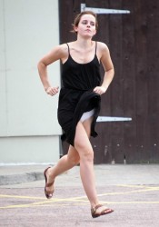 Emma Watson Leggy Candids Running in Black Dress