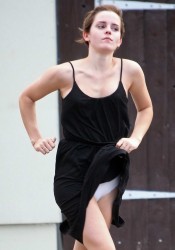 Emma Watson Leggy Candids Running in Black Dress