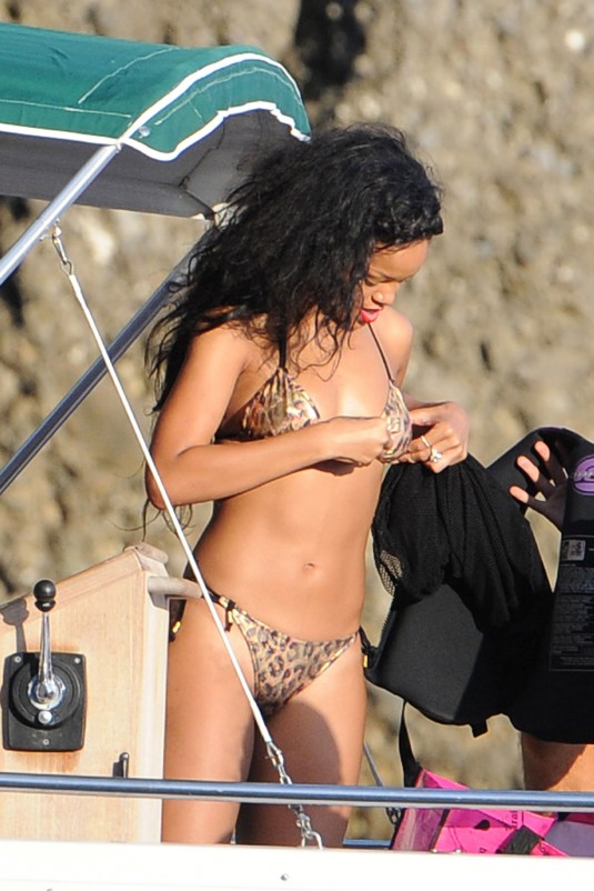 RIHANNA in Leopard Bikini on Vacation in Portofino, Italy