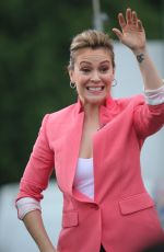 ALYSSA MILANO on the Set of Extra at the Grove in Los Angeles
