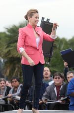 ALYSSA MILANO on the Set of Extra at the Grove in Los Angeles