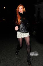 LINDSAY LOHAN in a Lace Mini Skirt Out in London