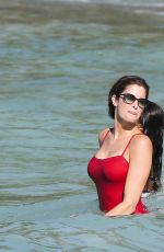 STEPHANIE SEYMOUR in Red Swimsuit at a Beach in St. Barts