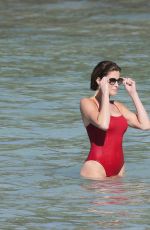 STEPHANIE SEYMOUR in Red Swimsuit at a Beach in St. Barts
