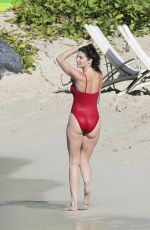 STEPHANIE SEYMOUR in Red Swimsuit at a Beach in St. Barts