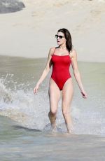 STEPHANIE SEYMOUR in Red Swimsuit at a Beach in St. Barts