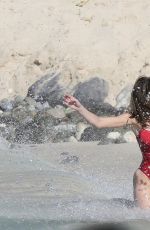 STEPHANIE SEYMOUR in Red Swimsuit at a Beach in St. Barts