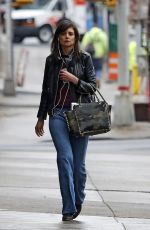 KATIE HOLMES in Leather Jacket and Jeans Out in New York