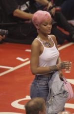 RIHANNA Shows Pink Hair at the Clippers Game in Los Angeles