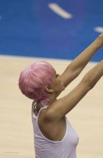 RIHANNA Shows Pink Hair at the Clippers Game in Los Angeles