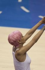 RIHANNA Shows Pink Hair at the Clippers Game in Los Angeles
