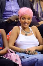 RIHANNA Shows Pink Hair at the Clippers Game in Los Angeles