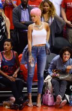 RIHANNA Shows Pink Hair at the Clippers Game in Los Angeles