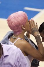 RIHANNA Shows Pink Hair at the Clippers Game in Los Angeles