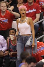 RIHANNA Shows Pink Hair at the Clippers Game in Los Angeles