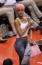 RIHANNA Shows Pink Hair at the Clippers Game in Los Angeles