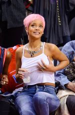 RIHANNA Shows Pink Hair at the Clippers Game in Los Angeles