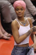RIHANNA Shows Pink Hair at the Clippers Game in Los Angeles