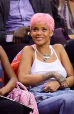 RIHANNA Shows Pink Hair at the Clippers Game in Los Angeles