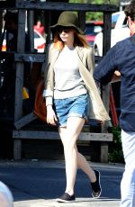 EMMA STONE in Denim Shorts Out and About in Soho