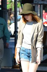 EMMA STONE in Denim Shorts Out and About in Soho