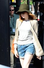 EMMA STONE in Denim Shorts Out and About in Soho