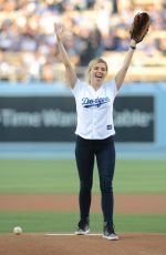 SOPHIA BUSH Throw First Pitch at a Dodgers Game in Los Angeles