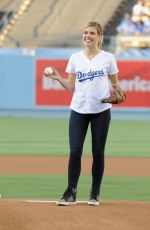 SOPHIA BUSH Throw First Pitch at a Dodgers Game in Los Angeles