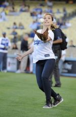 SOPHIA BUSH Throw First Pitch at a Dodgers Game in Los Angeles