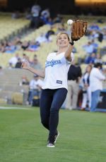 SOPHIA BUSH Throw First Pitch at a Dodgers Game in Los Angeles
