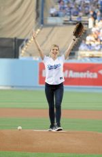 SOPHIA BUSH Throw First Pitch at a Dodgers Game in Los Angeles