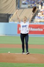 SOPHIA BUSH Throw First Pitch at a Dodgers Game in Los Angeles