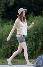 EMMA STONE at a Movie Set in Newport