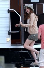 EMMA STONE at a Movie Set in Newport