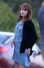 EMMA STONE at a Movie Set in Newport