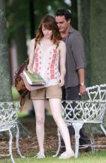 EMMA STONE at a Movie Set in Newport