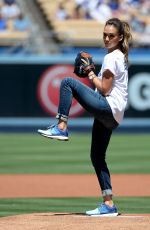 JESSICA ALBA Throw First Pitch at Brewers vs Dodgers Game in Los Angeles