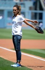 JESSICA ALBA Throw First Pitch at Brewers vs Dodgers Game in Los Angeles