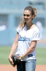 JESSICA ALBA Throw First Pitch at Brewers vs Dodgers Game in Los Angeles
