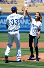 JESSICA ALBA Throw First Pitch at Brewers vs Dodgers Game in Los Angeles