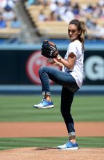 JESSICA ALBA Throw First Pitch at Brewers vs Dodgers Game in Los Angeles