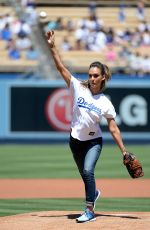 JESSICA ALBA Throw First Pitch at Brewers vs Dodgers Game in Los Angeles