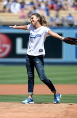 JESSICA ALBA Throw First Pitch at Brewers vs Dodgers Game in Los Angeles