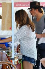 NIKKI REED in Denim Shorts at Farmers Market in Studio City