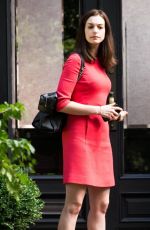 ANNE HATHAWAY in Red Dress on the Set of The Intern in New York