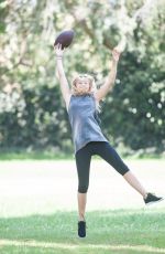 OLIVIA HOLT Plays Football at a Park in Sherman Oaks