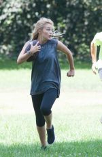 OLIVIA HOLT Plays Football at a Park in Sherman Oaks