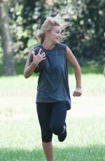 OLIVIA HOLT Plays Football at a Park in Sherman Oaks